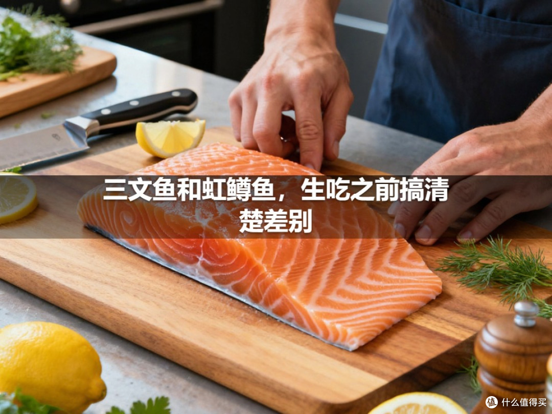厨师在砧板上切三文鱼，配文“三文鱼和虹鳟鱼，生吃之前搞清楚差别”